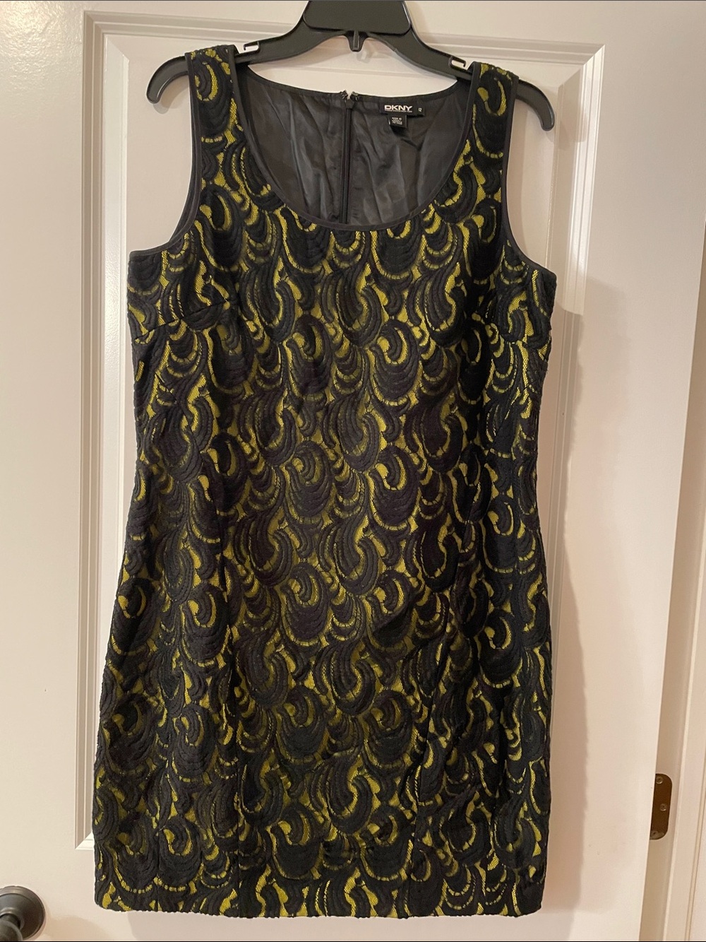 DKNY Black and Yellow Lace-Overlay Shift Dress
